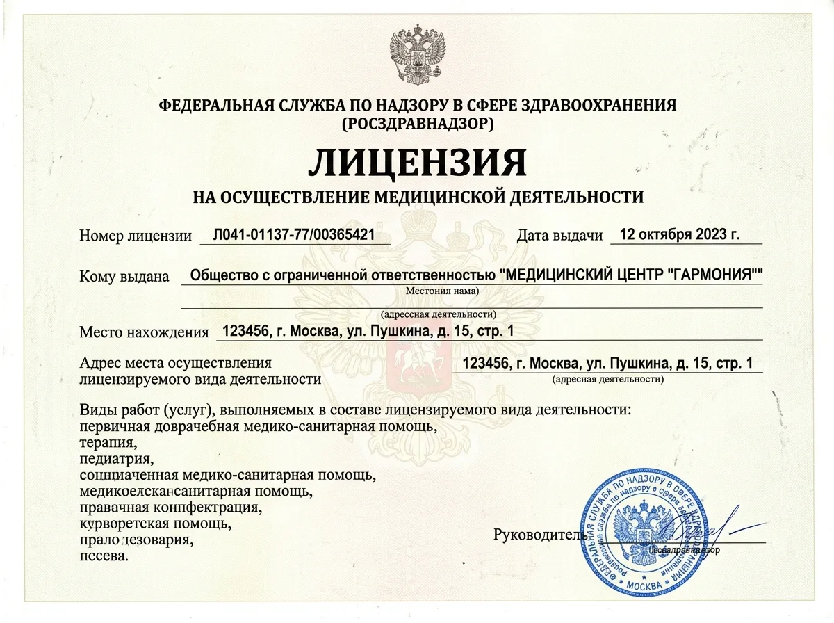 Скан лицензии Росздравнадзора на осуществление медицинской деятельности — официальный документ с печатью, светлый фон