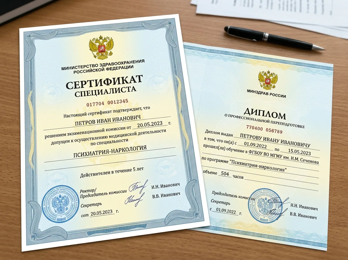 Сертификат специалиста врача-нарколога — диплом о повышении квалификации, официальный бланк Минздрава