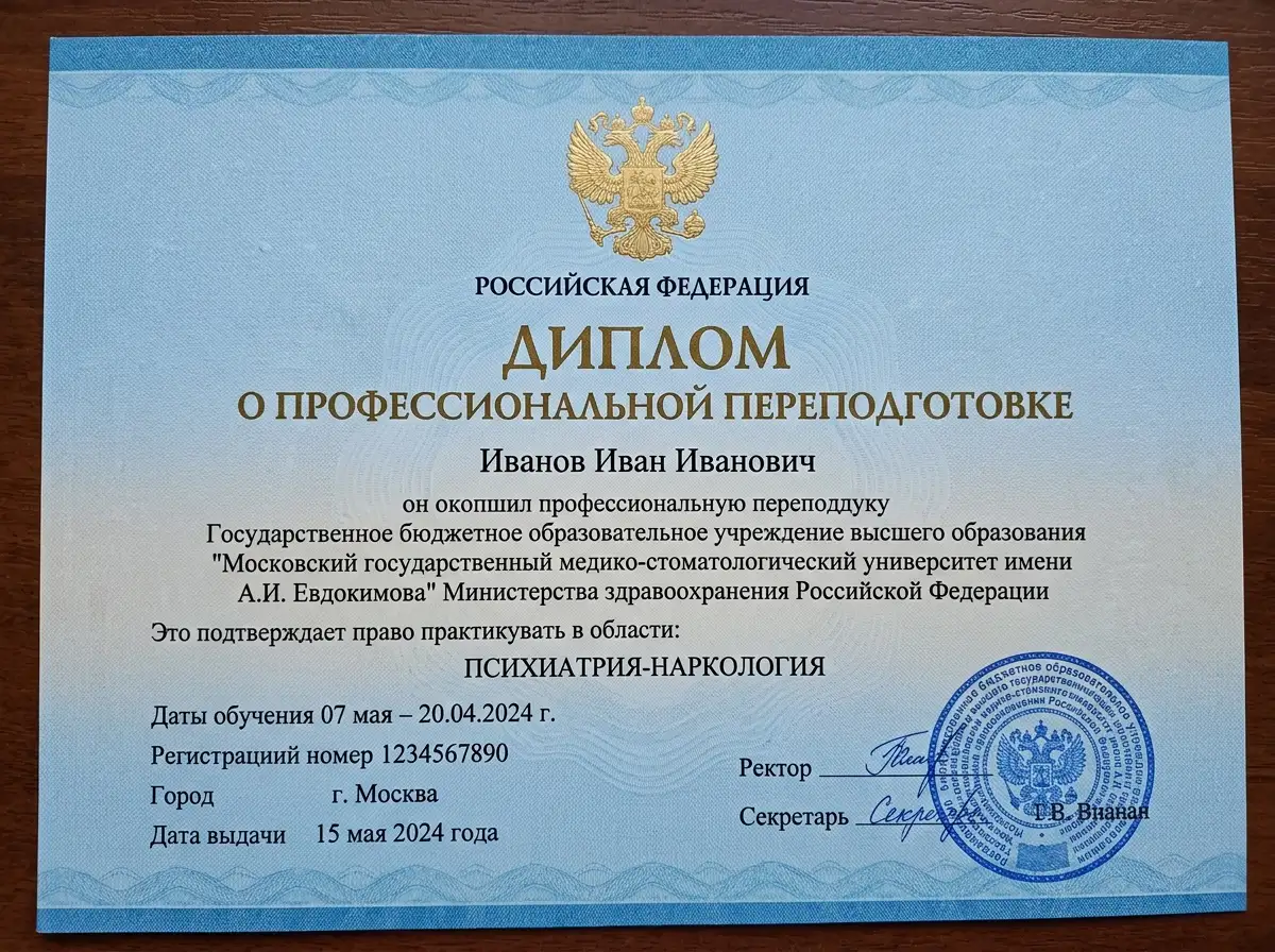 Диплом о профессиональной переподготовке по специальности психиатрия-наркология, синий фон официального документа