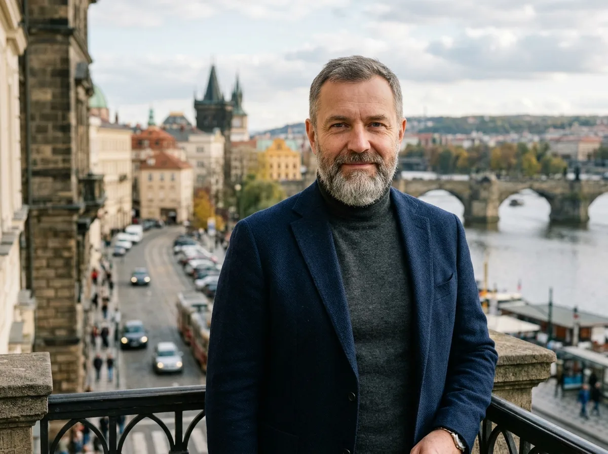 Аватар мужчины средних лет Владимир — портрет, спокойное выражение, городской фон